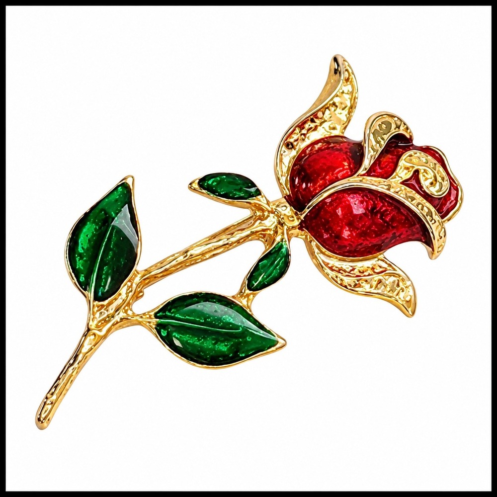 Vintage Rose‎ Flower Brooch Red Green Gold Tone Enamel Pin Costume Lapel
